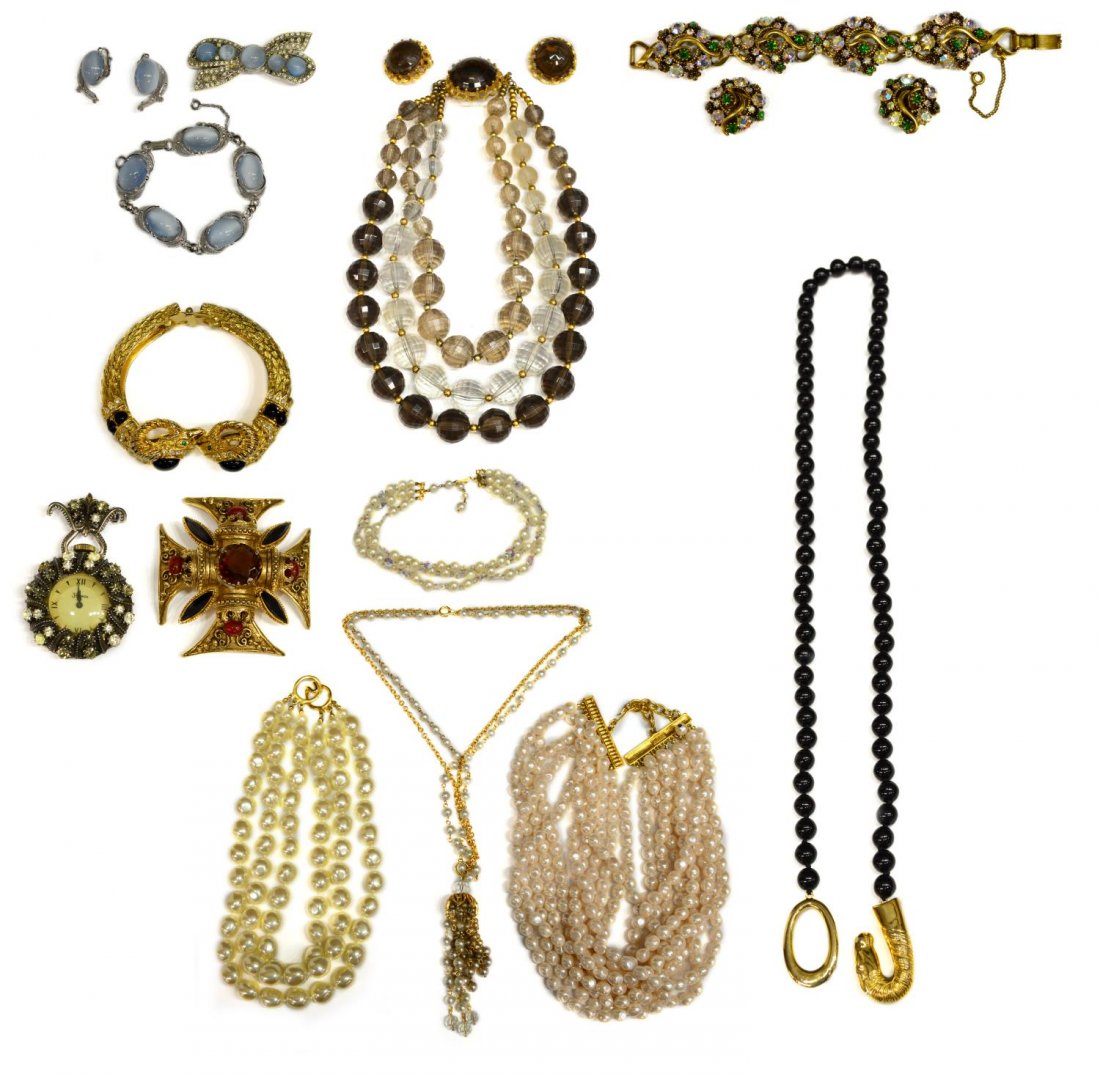 COLLECTION COSTUME JEWELRY, FAUX PEARLS, STONES: (lot) Collection vintage costume jewelry: (3pc) multi-strand faceted bead necklace and matching clip earrings, likely plastic; (1) Les Bernard Inc. black beaded necklace with gilt metal oval and horse