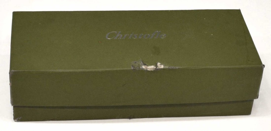 (4) CHRISTOFLE VODKA GLASSES: (lot of 4) Christofle vodka glasses, each 2.75"h, housed in torn edge Christofle box, 2.75"h, 11"w. 4.5"d, 1.25lbs Start Price: $30.00
