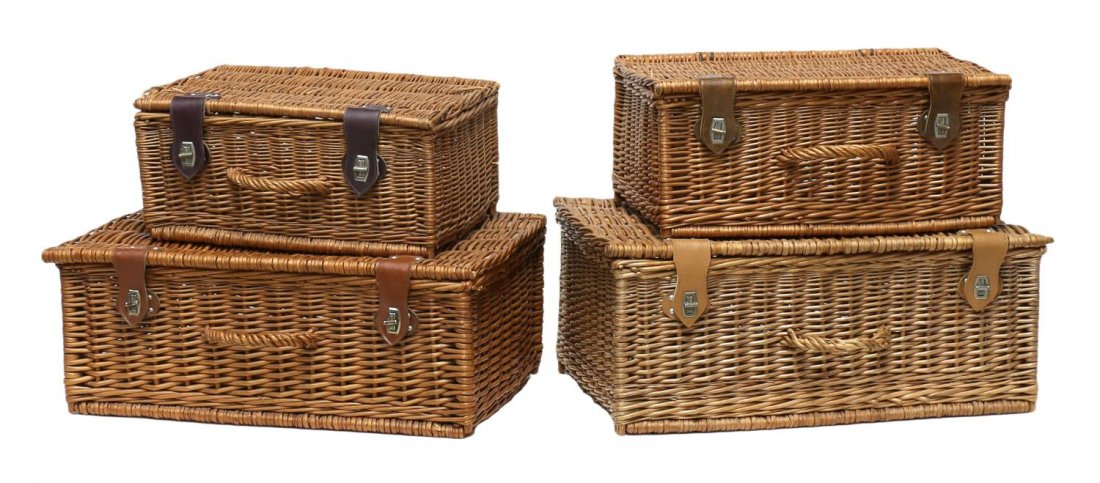 (4) WICKER TRUNKS IN SEVERAL SIZES: (lot of 4) Wicker trunks, (1) small, (1) medium, (2) large sizes, each with leather straps, largest: 8.75"h, 22"w, 14.25"d, 10lbs Start Price: $80.00