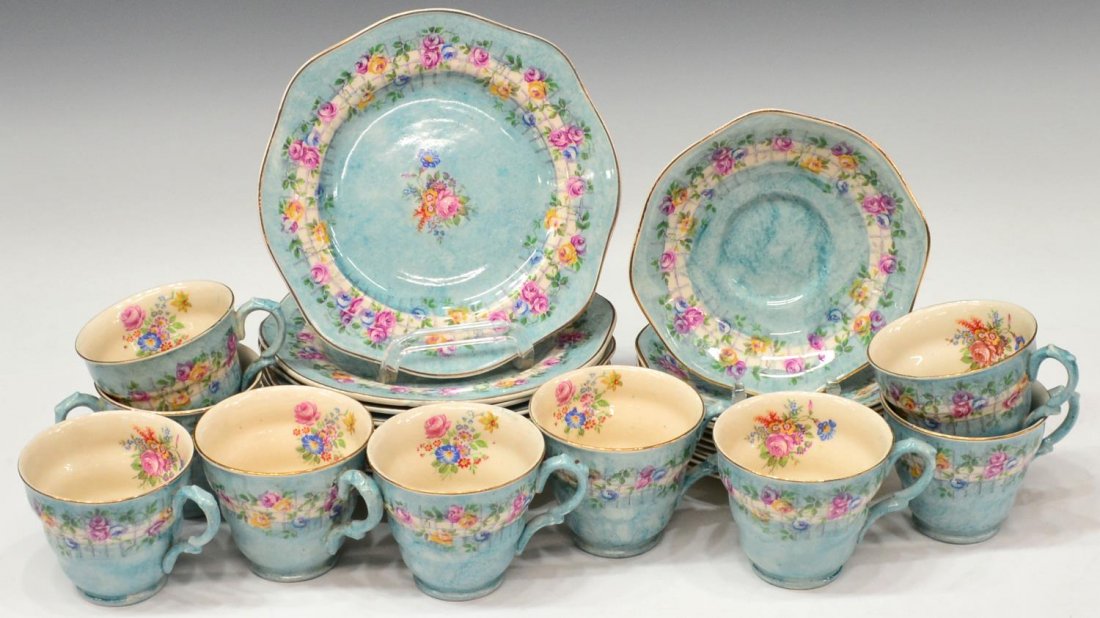 (32) ENGLISH PORCELAIN CAPRI DESSERT SERVICE: (set of 32) English pottery dessert service, James Kent Fenton LTD, 'Capri' pattern, floral lattice on aqua with gilt trim, comprising: (12) dessert plates, 7.25"diam; (9) teacups, 2.75"h; (11) saucer