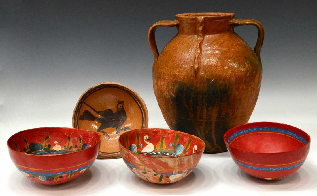 (5) SPAIN EARTHENWARE JAR, PAPER MACHE BOWLS: (lot of 5) Vintage / antique earthenware and mache items: (1) earthenware handled jar, Spain, 13"h, 10"w; (1) pottery bowl centering a bird, 6.75"diam; (3) paper mache bowls, likely Mexico, red ground
