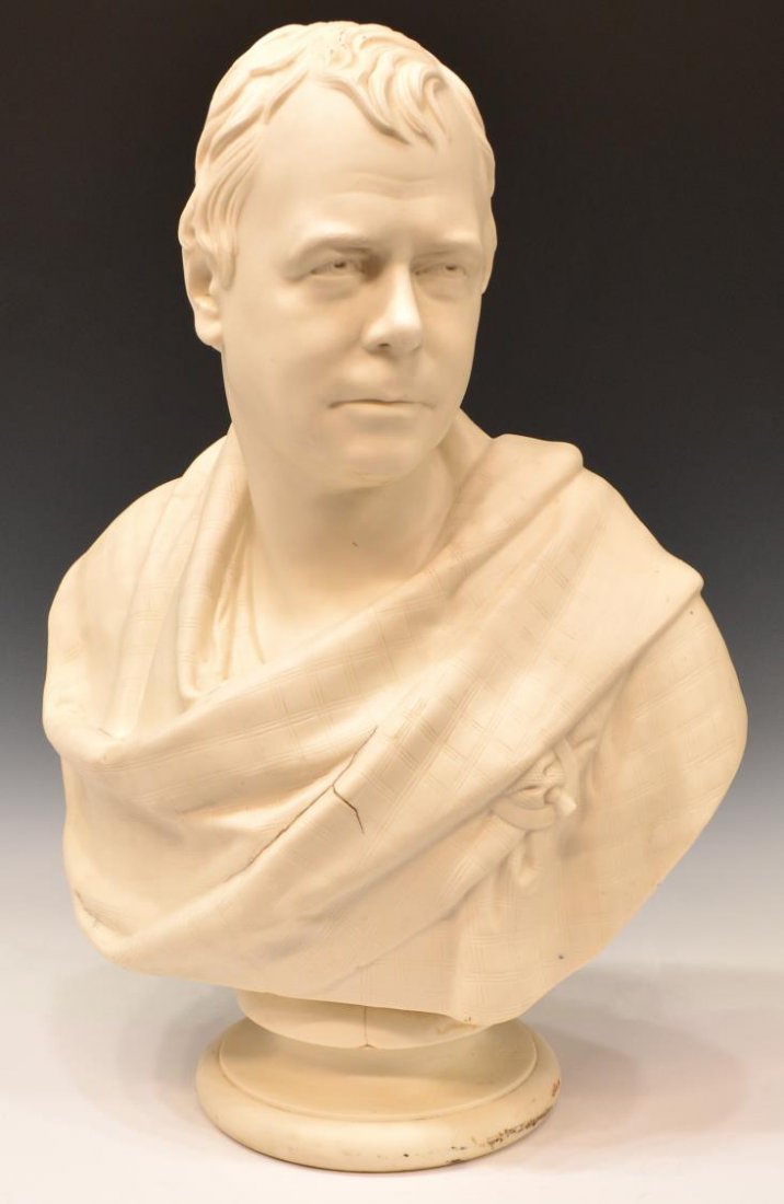 COPELAND BUST, SIR WALTER SCOTT, AFTER CHANTREY: Large Copeland parian bust, Sir Walter Scott, 19th c., after Sir Francis Chantrey (British, 1781-1841), modeled with a sinister look, wearing Tartan robes, impressed Scott, Copeland and Chantrey verso