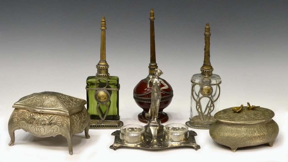 WMF NOUVEAU FIGURAL STAND, WATER SPRINKERS, BOXES: (lot of ) Collection of silver plate and silver tone metal table items: (1) WMF Art Nouveau figural silver plate tray, a beauty raised on the tray, holding two glass dishes, 4.75"h, 5.5"l, 4"d; (3) Co
