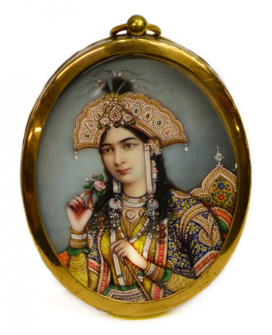 MINIATURE PORTRAIT OF MUGHAL EMPERESS MOMTAZ MAHAL: Miniature portrait on ivory, Mumtaz Mahal (1593 AD – 1631 AD), Mughal Empress and chief consort of emperor Shah Jahan. The Taj Mahal in Agra was constructed by her husband as her final resting place