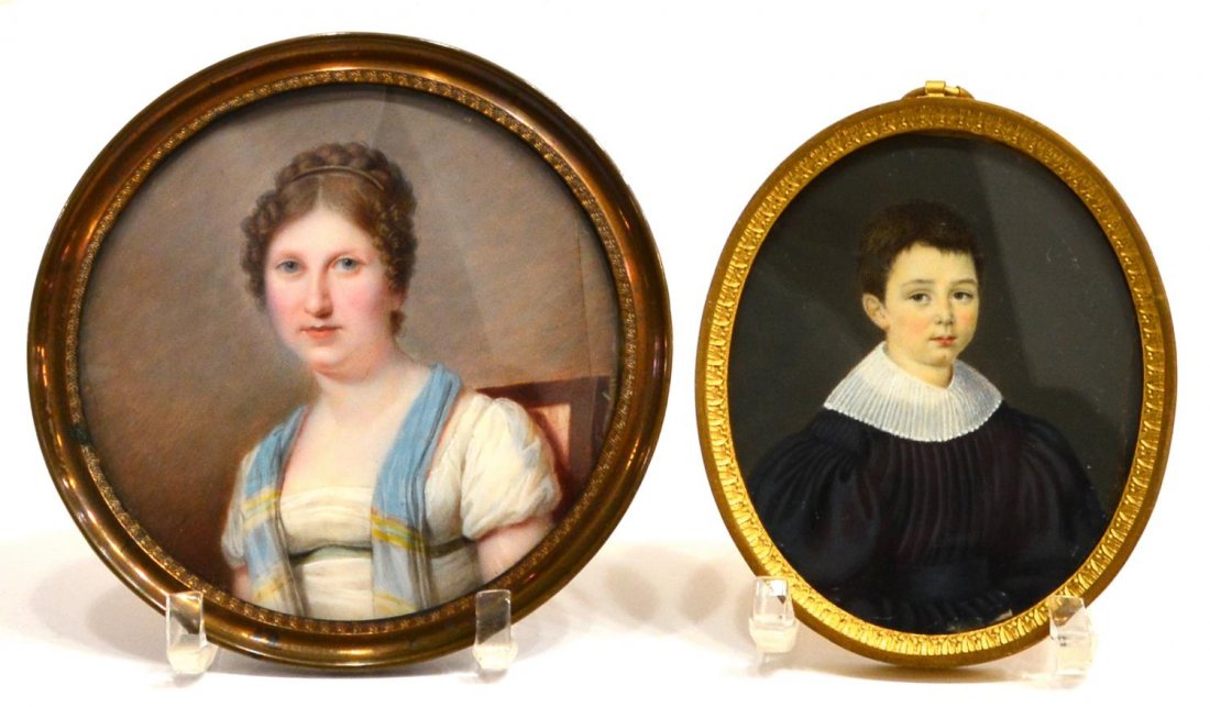 (2) MINAITURE PORTRAITS OF LADY & YOUNG BOY: (2)Framed miniture paintings on ivory, (1) seated lady with blue scarf, unsigned, crack to right side, overall: 3 7/8" dia (1) young boy, possibley in altar boy outfit, unsigned crack to side, overall