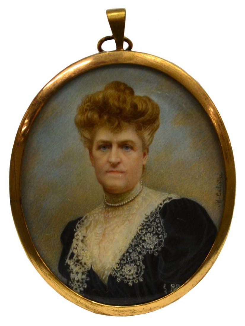 MARIO CALISTRI SIGNED MINIATURE PAINTING, c. 1900: Framed miniature painting on ivory, c. 1900, Lady Wearing Pearls, signed center right M. Calistri, signed on verso Mario Calistri, Via Stella Fornace, Firenze (Florence, Italy), subject identified by 