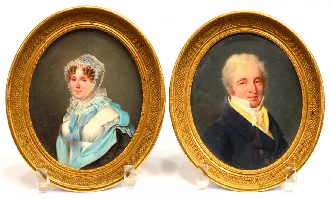 (2)MINIATURE PORTRAITS, ATTRIB. JULES VERNET 19thC: (lot of 2) Framed miniature portraits on ivory, identified by the collector as a Baron and Baroness de Rodier (possibly Jean-Baptiste Rodier, 1763-1832), not signed, attributed by collector on the ver