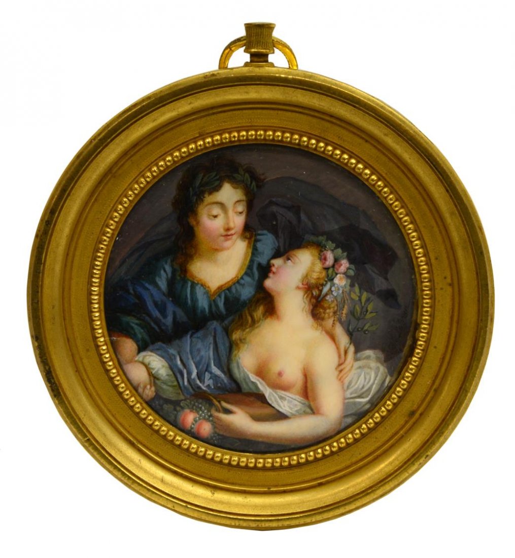 MINIATURE PAINTING AFTER VIGEE-LEBRUN (1755-1842): Framed miniature painting on ivory in gilt bronze frame, entitled "La Victoire" (as noted in pen on verso) a variation of "Peace Bringing Back Abundance" by Elisabeth VIGÉE-LEBRUN (1755-1842) , speci