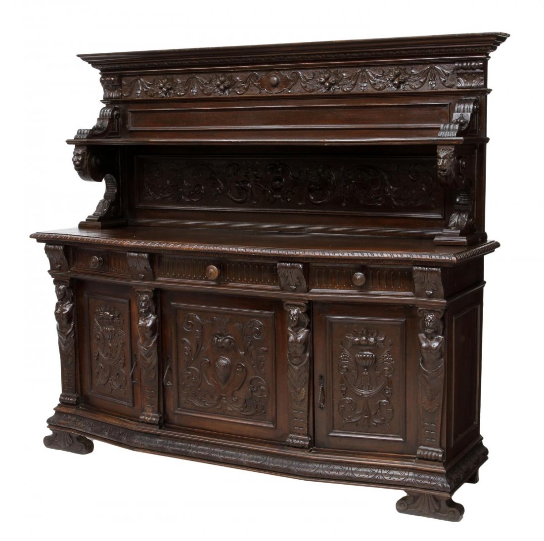 ITALIAN RENAISSANCE REVIVAL SERVER, LATE 19TH C.: Italian Renaissance Revival buffet top server, late 19thc., a stepped cornice with foliate carved frieze above a single shelf having scrolled mask supports, the canted work top surface with three frie