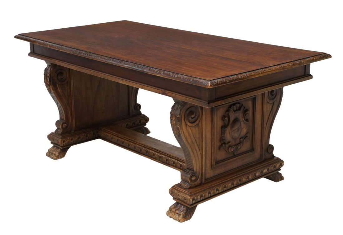 FRENCH RENAISSANCE STYLE DINING TABLE, PAW FEET: French Renaissance style dining table, c. 1900, rectangular with a carved edge, rising on wide stretcher joined supports with detailed paw feet, 30.75"h 70.5"l, 36"d Start Price: $300.00