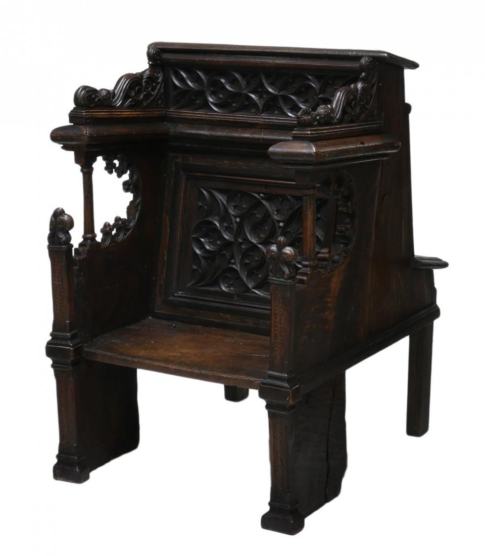 FRENCH 17TH/18TH C. GOTHIC CHURCH BENCH: French early Gothic revival church bench, 17th/18th c., the front with two tracery panels over a bench seat flanked by arms with pierced foliate decoration, the back with a slanted shelf, a lower knee