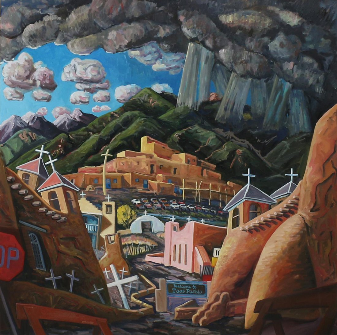 DEAN PORTER (B. 1939), TAOS PUEBLO RAIN STORM: Framed painting on canvas, Taos Pueblo Rain Storm, signed, dated lower center Dean Porter '97 (American, b.1939), sight: 47.5"h, 47.5"w, overall: 56.5"h, 56.5"w, 25.5lbs Start Price: $600.00