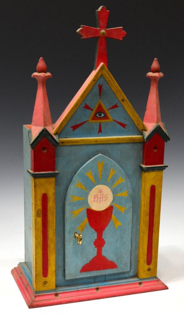 ANTIQUE RELIGIOUS COLONIAL CARVED TABERNACLE BOX: Portuguese Colonial carved wood tabernacle box, the architectural facade polychrome decorated with the Eye of Providence, the Host and Chalice, fabric lined interior, 21.5"h x 10.5"w x 7.25"d, 8lbs St