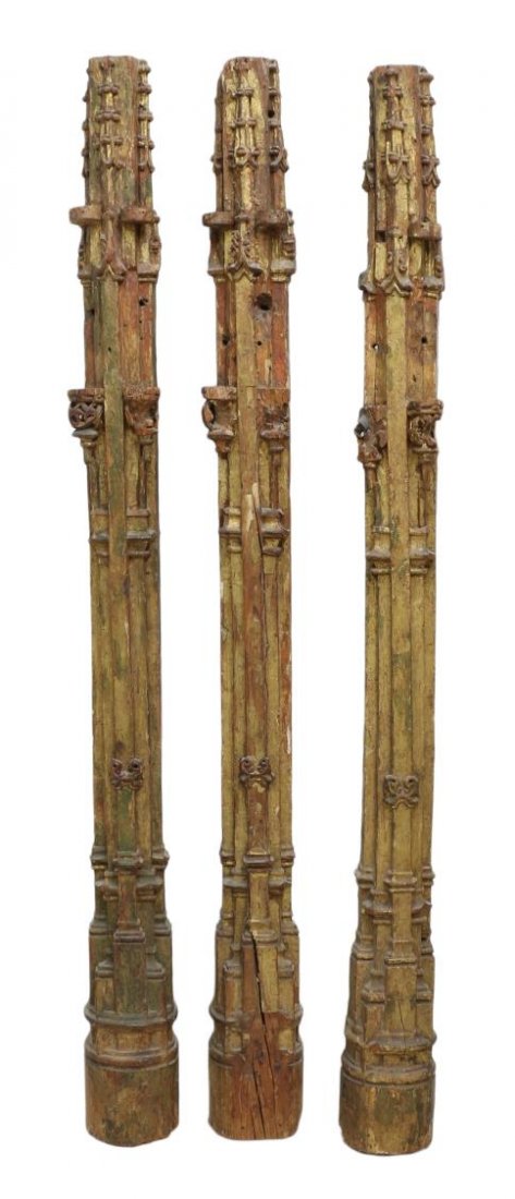 (3) ARCHITECTURAL GOTHIC STYLE HALF COLUMNS, 84"H: (lot of 3) Gothic style architectural half columns, 18th/19th c., hand carved with parcel gilt finish, approx. finisn and wood loss, 84"h, 7.25"w, 5"d *Provenance: From the estate of Don Yarton (Ohio,