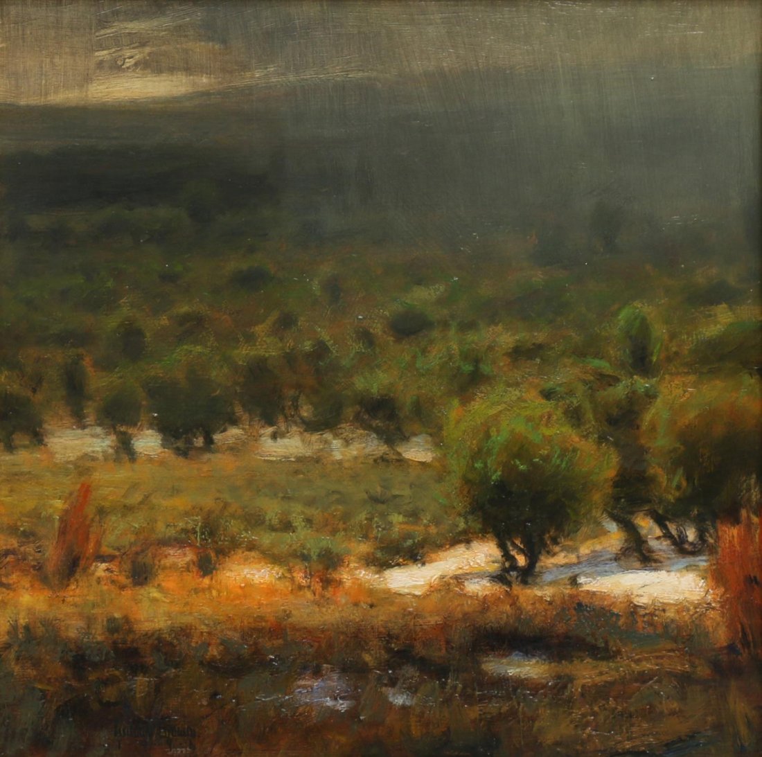 GORDON BROWN (COLORADO, B. 1962), DESERT PAINTING: Framed oil painting on board, Desert Rain, signed, dated lower left Gordon Brown,1996 (Colorado, b. 1962), sight: 13.25"h, 13.25"w, overall: 21.25"h, 21.25"w, 8lbs Start Price: $600.00