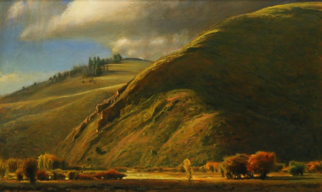 GORDON BROWN (COLORADO B. 1962) LARGE LANDSCAPE: Framed oil painting on board, Colorado Hills, signed lower right Gordon Brown, 1997 (Colorado, b. 1962), sight: 34.5"h, 59.5w, overall: 48.5"h, 73.5"w, 49 lbs Start Price: $2000.00