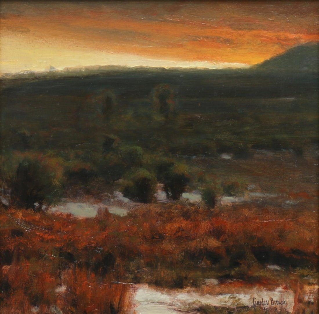 GORDON BROWN (COLORADO, B. 1962), DESERT PAINTING: Framed oil painting on board, Desert Rain, signed, dated lower left Gordon Brown,1996 (Colorado, b. 1962), sight: 13.25"h, 13.25"w, overall: 21.25"h, 21.25"w, 8lbs Start Price: $600.00