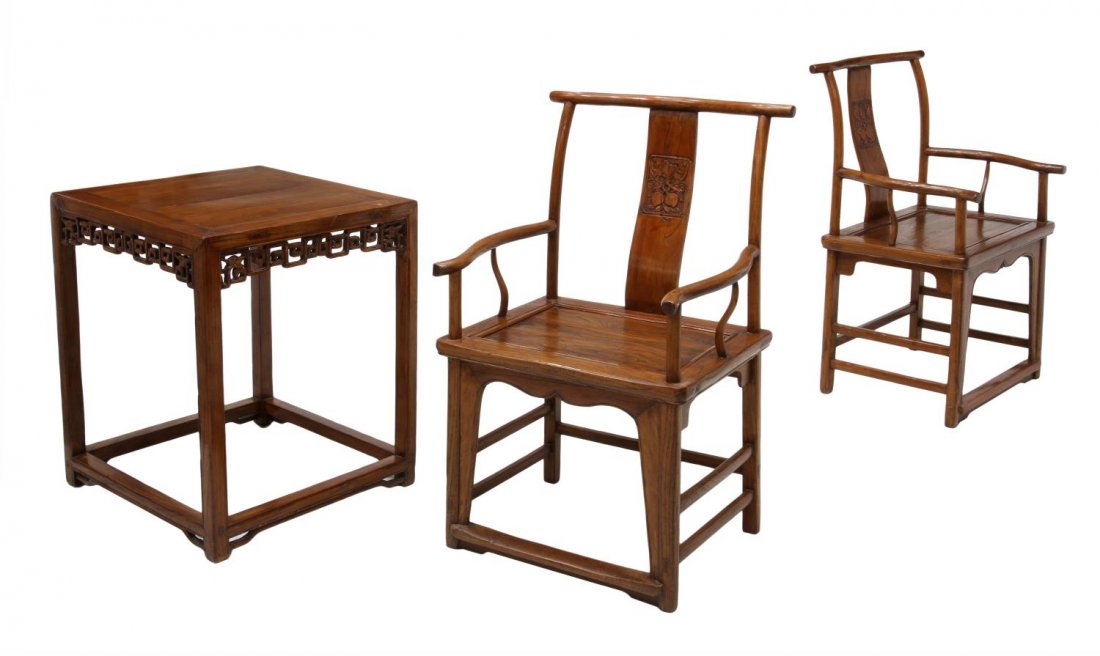 (3) CHINESE ELMWOOD TABLE & TWO CHAIRS: (lot of 3) Chinese elmwood table with two chairs, 20th c., mortise and tenon joinery: (1) square top table with pierced geometric frieze having small dragons at each corner, stretcher joined square le