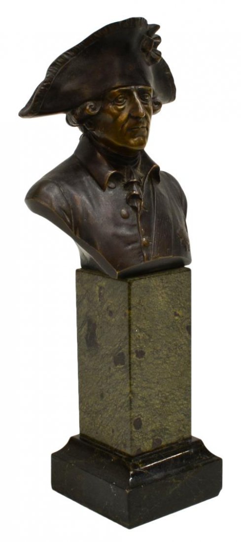 HANS KECK BRONZE & MARBLE BUST, LAFAYETTE: Diminutive bronze bust, likely General Lafayette (French, 1757-1834), signed verso H Keck (Hans Keck, 1900-1922), overall: 11.5"h, 4.75lbs Start Price: $100.00