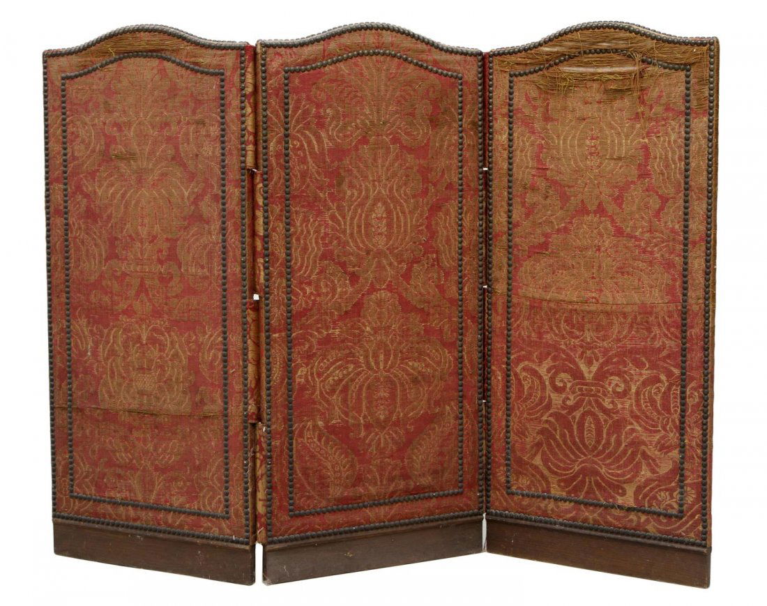 ANTIQUE THREE-PANEL FOLDING SCREEN: Antique three-panel folding screen, brocade fabric affixed with brass tacks, overall loss, tears, each panel approx 41"h, 18.75"w Start Price: $80.00