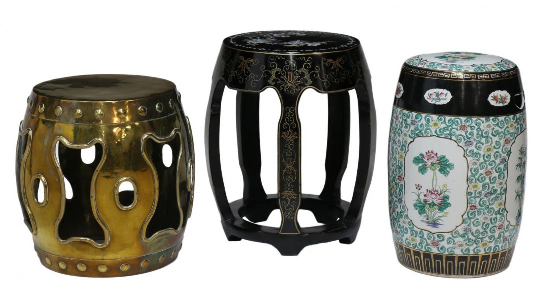 CHINESE PORCELAIN, BRASS & INLAID LACQUER STOOLS: (lot of 3) Chinese garden stools: (1) porcelain stool, floral reserves, enclosed by a ground of flowering vines, bright gilt trim, 18"h; (1) brass example decorated with large circular accents, some s