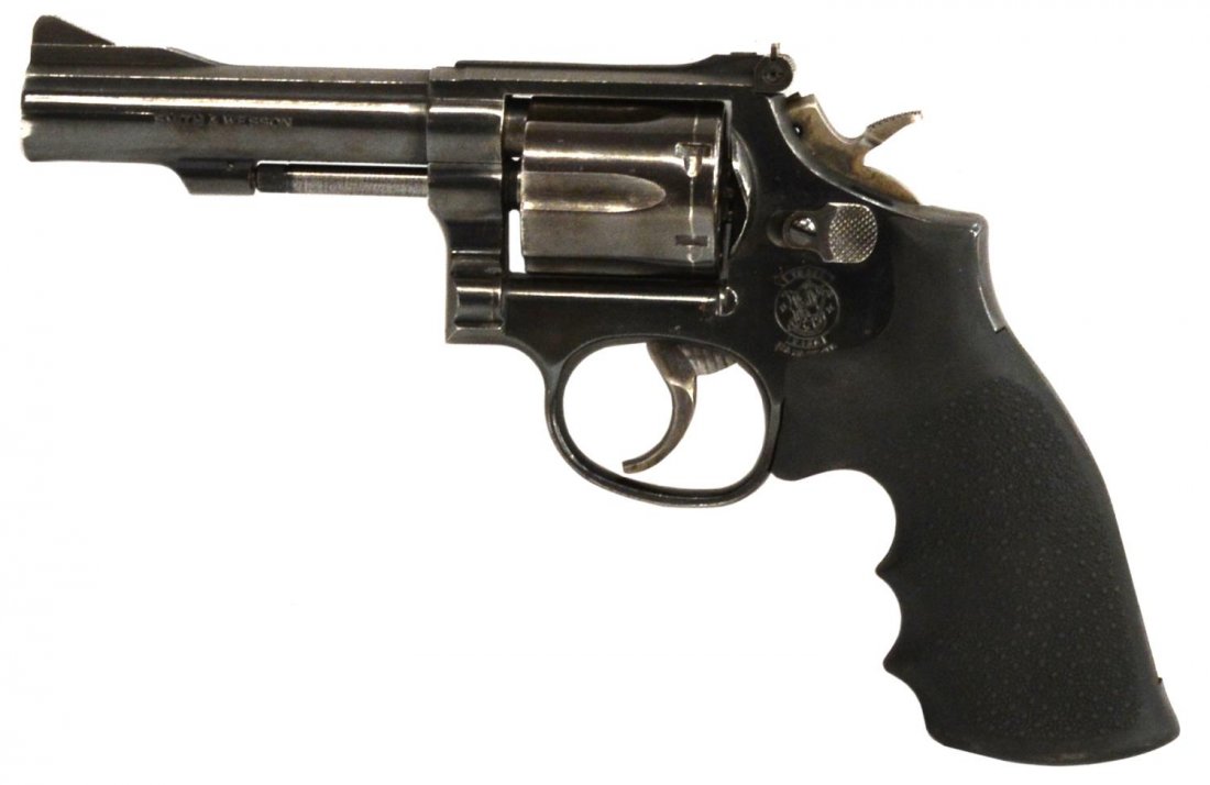 SMITH & WESSON .38 DA REVOLVER: Smith & Wesson Model 15.6 revolver, .38 S&W caliber, double action, 4" barrel, later Hogue Monogrip, SN BFT-3XXX *REQUIRES TRANSFER BY FFL LICENSEE* Start Price: $200.00