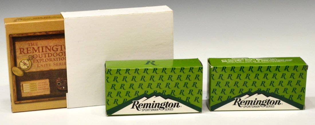 (3) REMINGTON FOLDING KNIVES, AS NEW: (lot of 3) Remington folding knives, as new in boxes: (1) Remington UMC two blade folding knife, Model R1123, dated 2008, new in factory box; (2) Remington Sportsman Series folding single blade knives