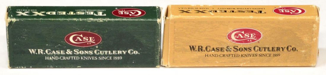 (2) CASE XX 5254 SS STAG HANDLE FOLDING KNIVES: (lot of 2) Case XX stag handle two blade folding knives, Trapper Model 5254 SS, one dated 8/2000, the other dated 8/1998, never sharpened, both with factory box Start Price: $100.00