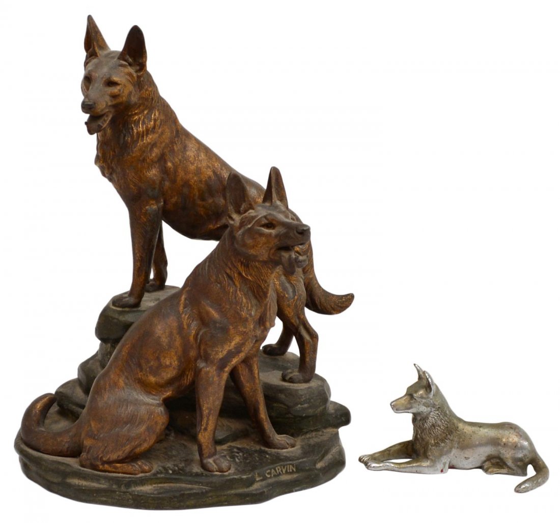 (2) LOUIS-ALBERT CARVIN, GERMAN SHEPHERDS STATUE: (lot of 2) A French figural parcel gilt spelter sculpture, German Shepherds, late 19th / early 20th c. after Louis-Albert Carvin (French, 1875-1951), L. Carvin inscribed to integral rock-base front ri