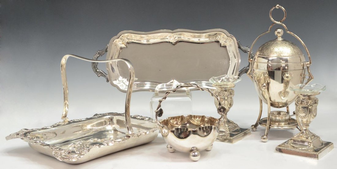 (6) ENGLISH SILVERPLATE SERVICEWARE, EGG CODDLER: (lot of 6) Collection of silver plate service items, comprising: (1) English egg coddler, of ovoid form raised on four legs above a spirit lamp, fitted for four eggs, hallmarks as pictured, 10.75"h; (