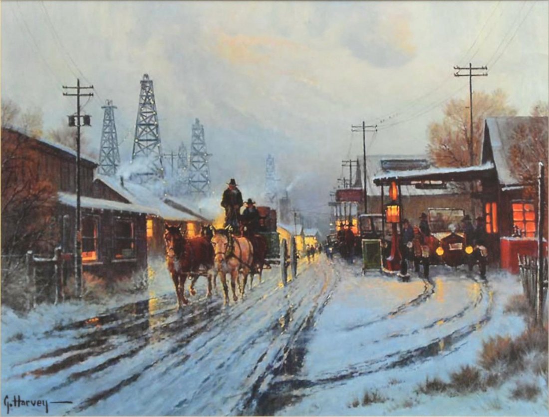 G. HARVEY PRINT, "INDEPENDENT OILMEN": Framed western print, "Independent Oilmen", after G. Harvey (Gerald Harvey Jones, Texas, b. 1933), 32"h, 38"l, 15lbs Start Price: $80.00