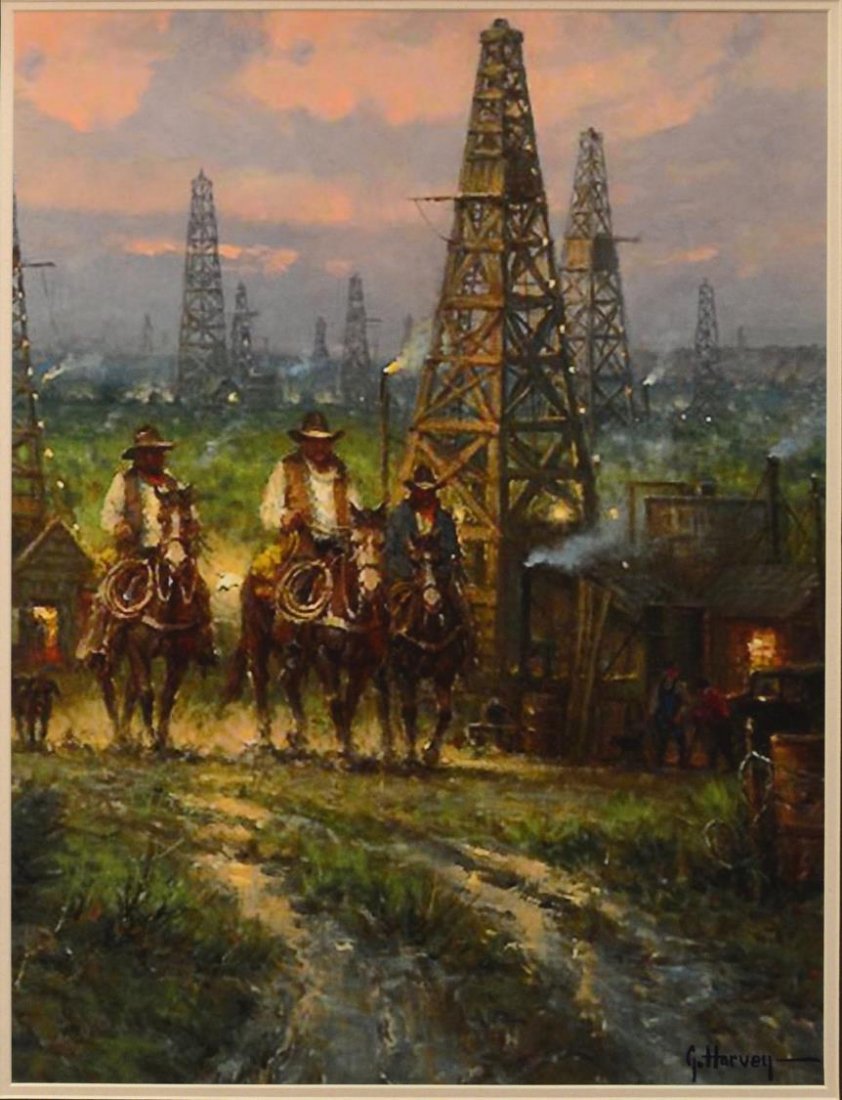 G. HARVEY PRINT, "DRIFTING THROUGHT THE OIL PATCH": Framed western print, "Drifting Through the Oil Patch", after G. Harvey (Gerald Harvey Jones, Texas, b. 1933), overall: 38.5"h, 32"w, 15lbs Start Price: $80.00