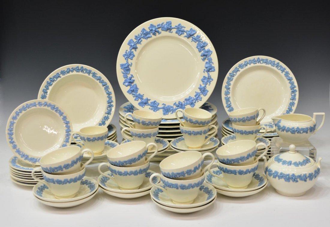 (69) WEDGWOOD QUEEN'S WARE DINNER SERVICE: (lot of 69) Wedgwood creamware dinner service, 'Queen's Ware' pattern, embossed lavender blue grape vines on cream ground, comprising: (11) dinner plates, 10.75" diam; (10) salad plates, 8.5" diam; (8