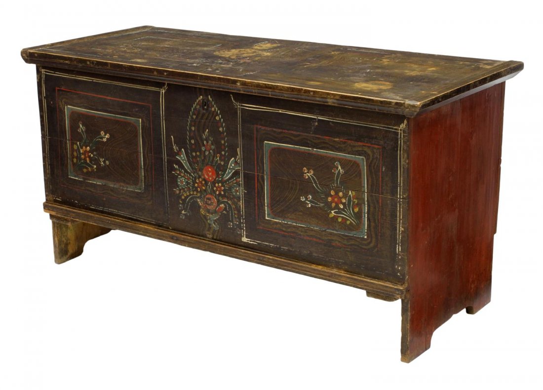 ANTIQUE DANISH POLYCHROME PINE CHEST: Antique pine polychrome trunk, Denmark, 19th c., floral painted front with worn paint at top and sides, a lift top, with hand forged strap hinges, restoration, 30"h, 58.5"w, 24.25"d Start Price: $150.
