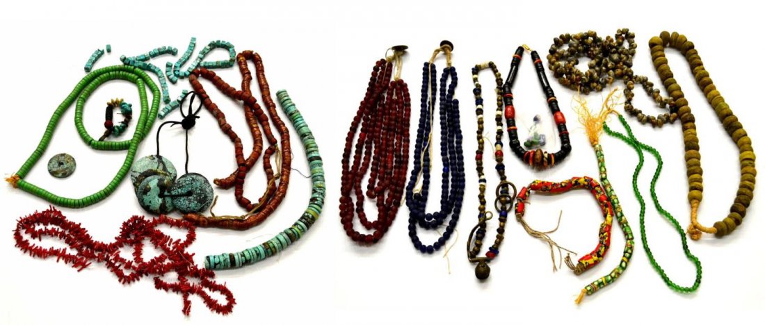 ANTIQUE BEADED NECKLACES, TURQUOISE, CORAL, ART: (lot) Assorted collection of antique and vintage beaded necklaces and strung bead strips, (2) blue and red glass necklaces joined by 1936 and 1953 India coins, (1) of seashells, art beads, coral, turq