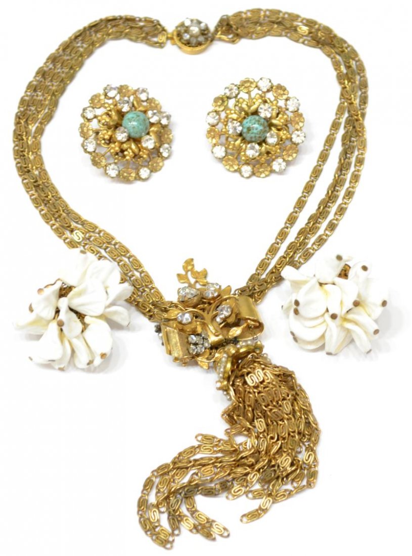 (5) ESTATE VINTAGE MIRIAM HASKELL JEWELRY GROUP: (lot of 5) Vintage Miriam Haskell estate jewelry group: (1) gilt metal multi-strand necklace hung with a gilt metal and rhinestone pendant with fringe drop, floriform clasp, approx 14"l; (pair) pierce