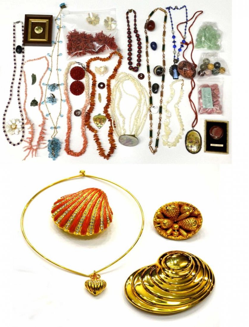 DESIGNER, CORAL, BEADED & VINTAGE COSTUME JEWELRY: (lot) Group of vintage and costume jewelry: (1) Dominique Aurientis gold tone brooch formed as a basket full of vegetables, 2.25"diam; (1) large Alexis Kirk gold tone buckle of shell form, 4.5"l, 3.25