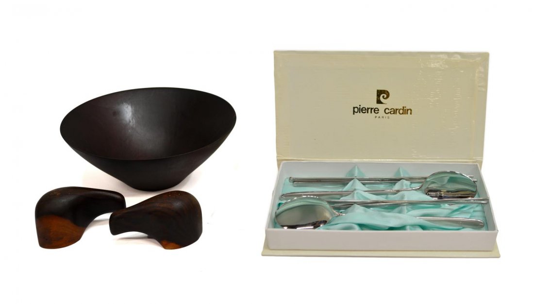 (7) PIERRE CARDIN SILVER TONE FLATWARE & WOOD SET: (lot of 7) Collection of tableware articles, including: (4) Pierre Cardin silver tone metal chopsticks and spoon, a set for two, accompanied by original packaging, spoon engraved 18-10 Pierre Cardin P