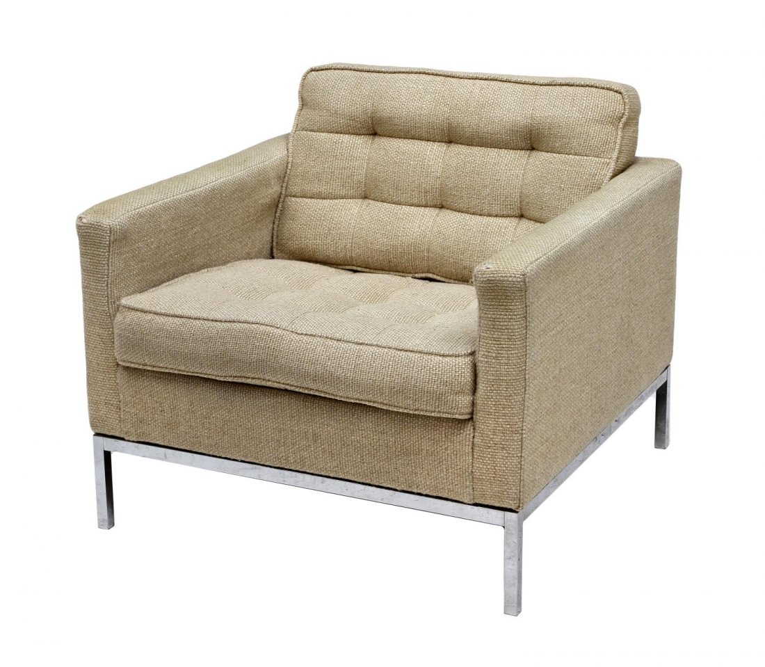 KNOLL MODERN CHROME BASE CHAIR, 1973: Knoll modern chair, beige upholstery with removable seat cushion, rising on a square leg chrome steel base, Knoll tag dated 1973, 29"h, 31.75"w, 31.25"d Start Price: $100.00