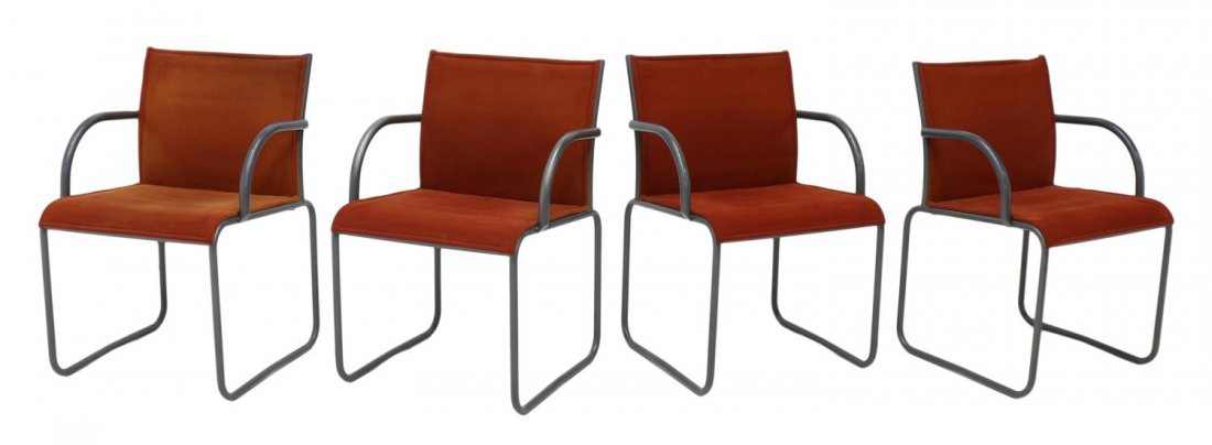(4) RICHARD SCHULTZ KNOLL PATIO ARM CHAIRS: (lot of 4) Patio arm chairs, design by Richard Schultz Designs, 1966, for The Knoll Leisure Collection, gray finish metal frame with orange fabric, the Knoll tag dated 1983 at underside, 31.75"h, 21.7