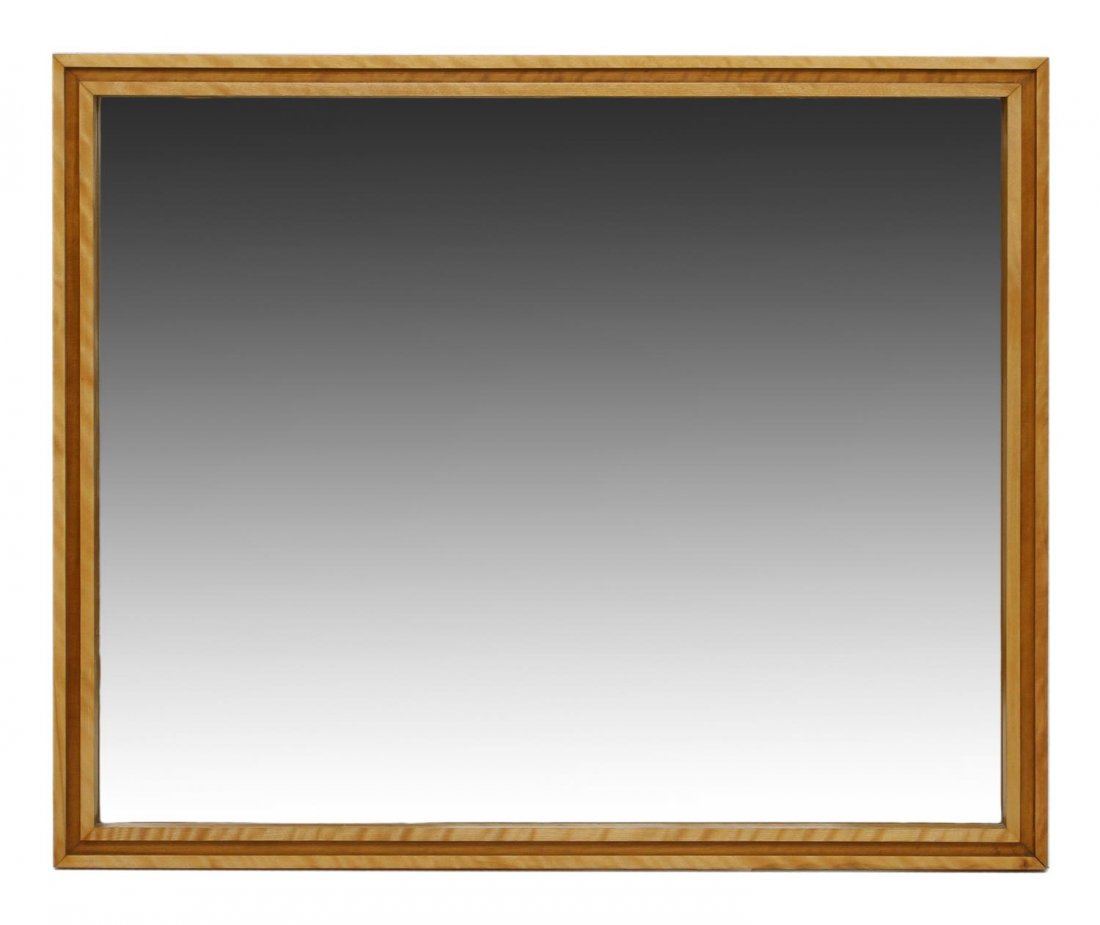MIRROR, RUSSELL WRIGHT FOR CONANT BALL: Large mirror, design by Russell Wright (American, 1904-1976) for Conant Ball Furniture Company, c. 1950, rectangular with Conant Ball logo at backside, some silver loss, 39.25"h, 47.25"w Start Price: 