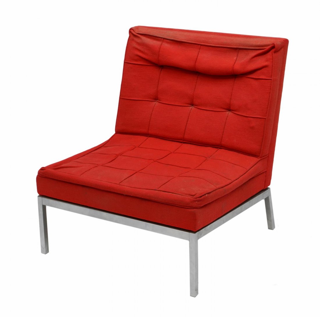 MODERN RED UPHOLSTERED CHAIR ON CHROMED BASE: Knoll modern chair, c. 1970, upholstered in red on a chrome steel base with squared straight legs at front, angled squared legs at back, needs upholstery cleaned, 31"h, 27.75"w, 26.5"d Start Price: $8