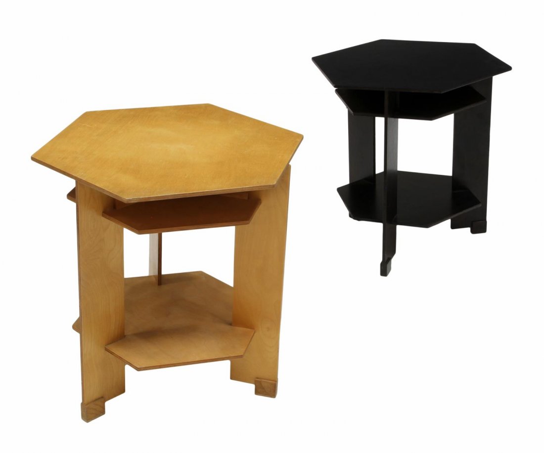 (2) MODERN HEXAGON TOP SIDE TABLES: (lot of 2) Hexagonal top tables, one in natural wood, the other black, one marked "Furniture & Finishing Workshop" (Vulpiani Arts & Crafts Furniture)each with a conforming lower shelf, raised on block