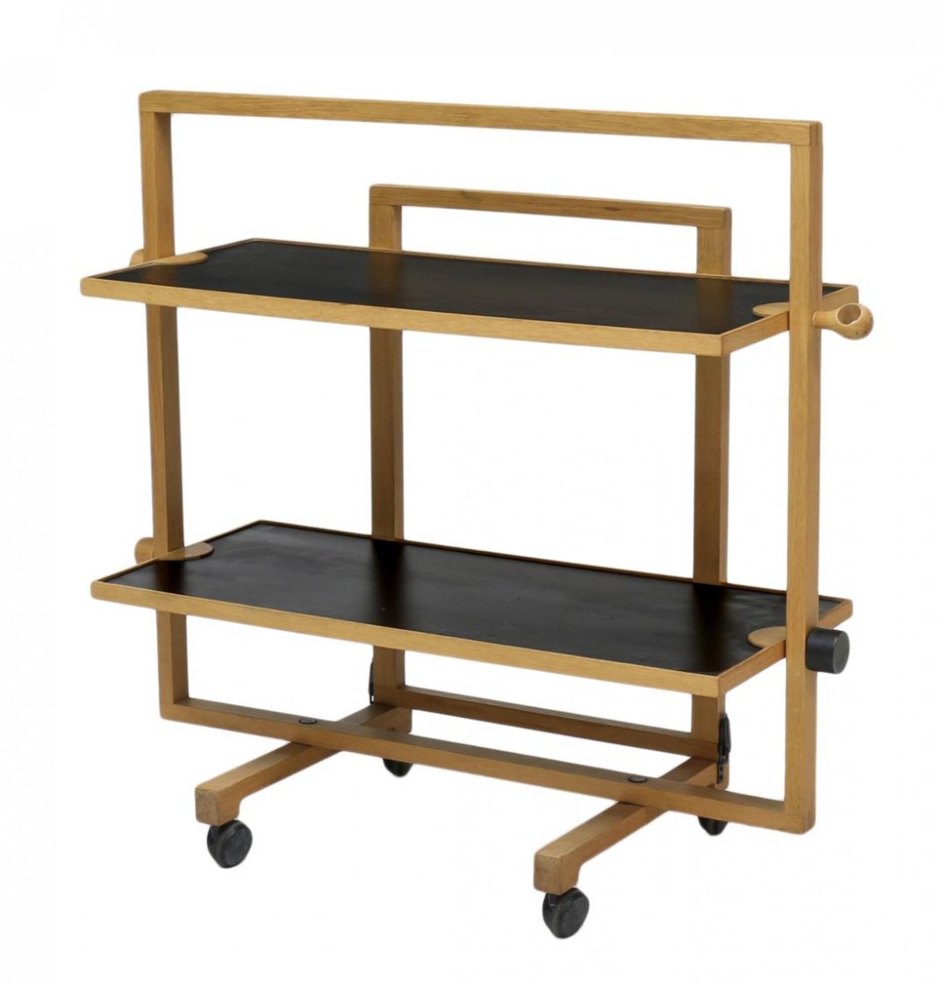 DANISH MID-CENTURY MODERN FOLDING SERVICE CART: Danish mid-century modern birch folding service cart, 1960's, two shelves on castors, open: 31.5"h, 34.5"w, 13.25"d, folded: 34"h, 34.5"w, 2.5"d Start Price: $100.00
