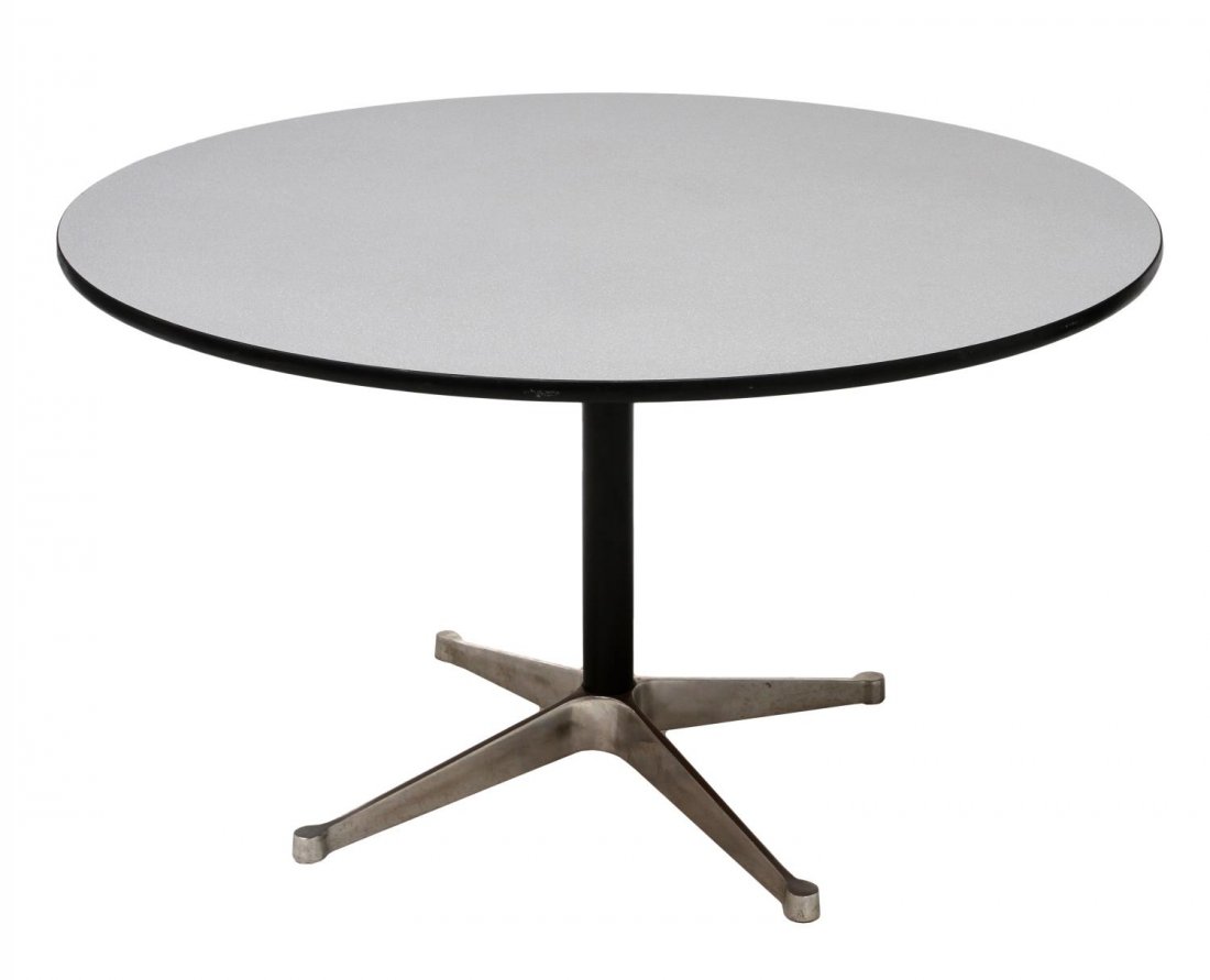 CHARLES EAMES TABLE E-T110 FOR HERMAN MILLER, 48": Herman Miller #E-T110 dining table, design by Charles Eames, a circular laminate top in speckled gray and white raised on a central steel pedestal with an aluminum four leg base, retaining Herman Mill