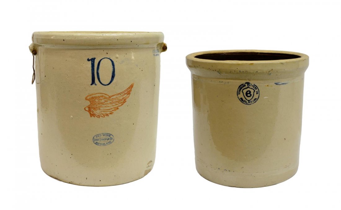 (2) LARGE AMERICAN STONEWARE CROCKS: (lot of 2) American stoneware crocks, including: (1) Standard Pottery Co., Brazil, Indiana, 6 gallon, a brown glaze interior, 13"h, 13.5"diam; (1) Red Wing Union Stoneware, Minnesota, Patented Dec. 21