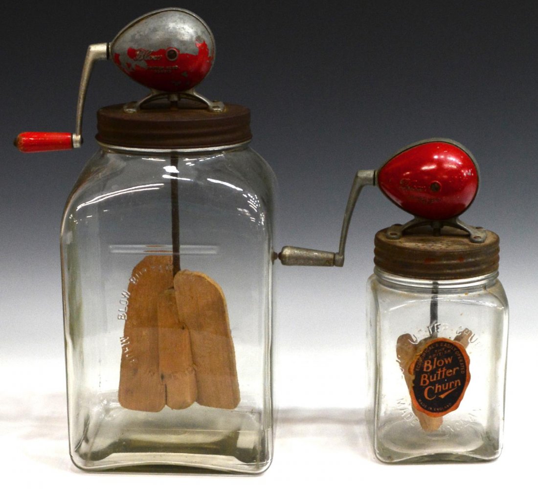 (2) VINTAGE BRITISH BLOW GLASS BUTTER CHURNS