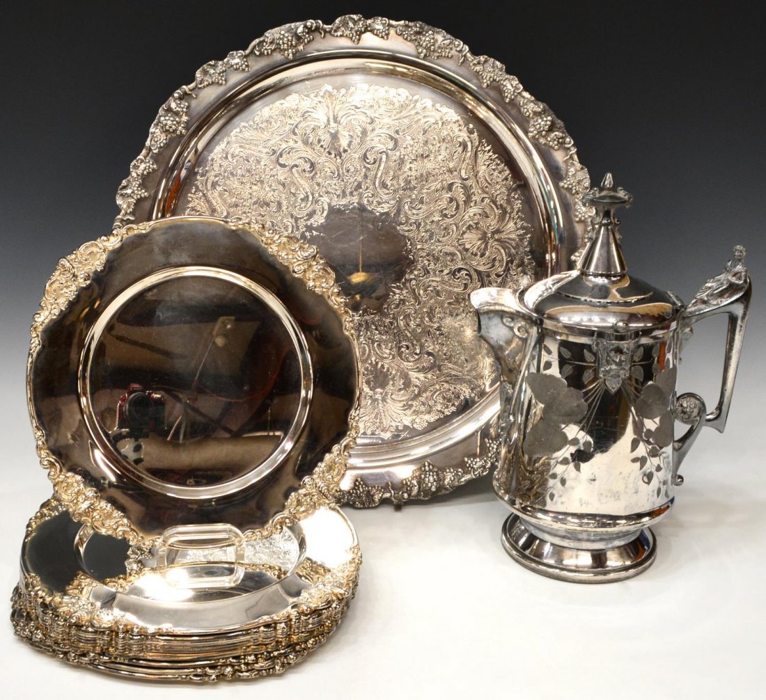 (14) VICTORIAN FIGURAL SILVERPLATE & OTHER ITEMS: (lot of 14) Silver plate service and tableware: (1) American Victorian silver plate ice water pitcher, JAS Stimpson, patented 1854, the body having engraved lily pad motif, human and animal masks in r