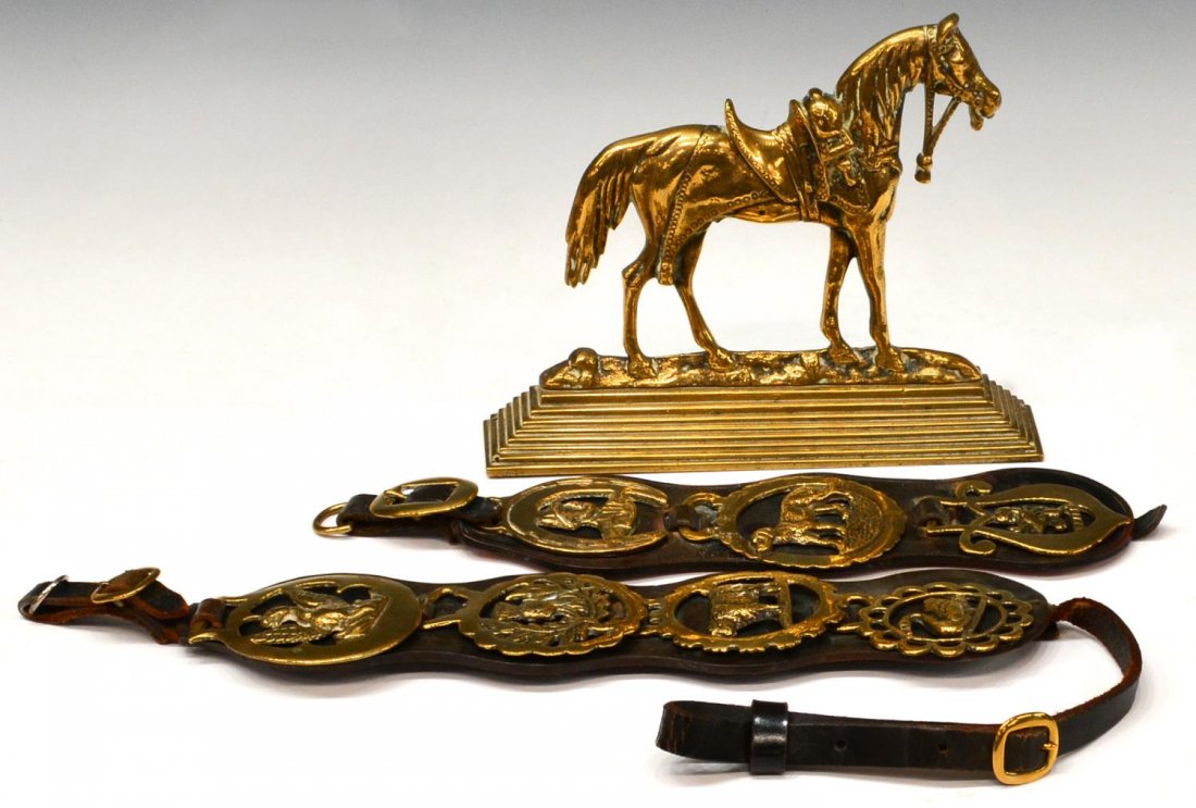 (3) VICTORIAN HORSE BRASSES & BRASS DOOR STOP: (lot of 3) Collection of Victorian brass horse articles, including: (1) door stop in the form of a horse raised on a step pedestal, unmarked, 8.25"h, 10.25"l, 2"d; (2) horse brasses, each ring having 