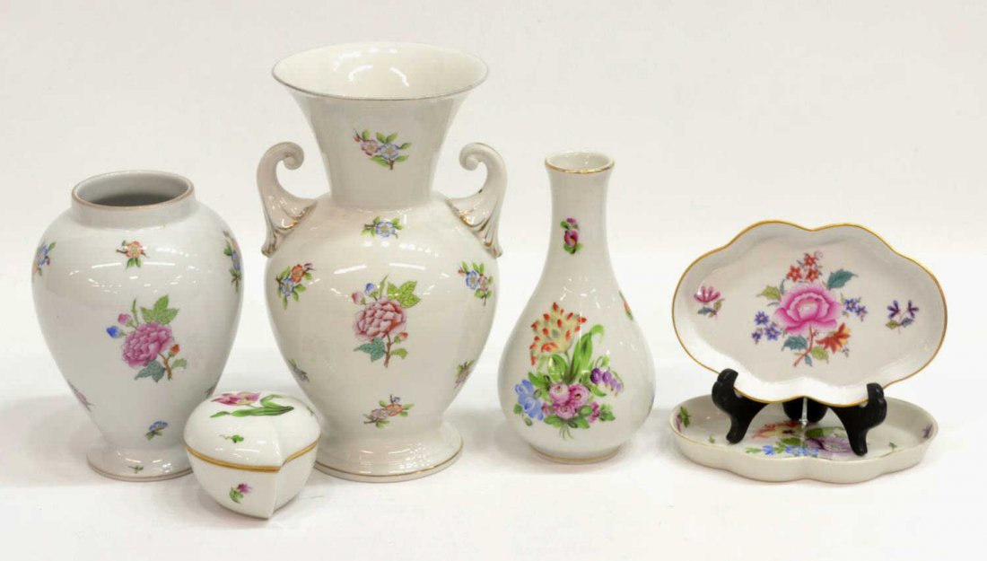 (6) HEREND PORCELAIN GROUP, ASSORTED PATTERNS: (lot of 6) Collection of Hungarian hand painted porcelain table items, Herend, including: (3) in the 'Printemps' pattern, one bud vase, 6.25"h, small lobed tray, 5.5"l, 3.75"w, one lidded leaf form bo
